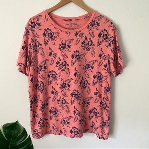 Nautica Men's Floral Graphic Print Short Sleeve Tee Size Large Coral & Navy